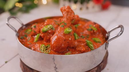 Step 7: Final Hyderabadi Wedding Red Chicken served hot with garnish of coriander and green chillies