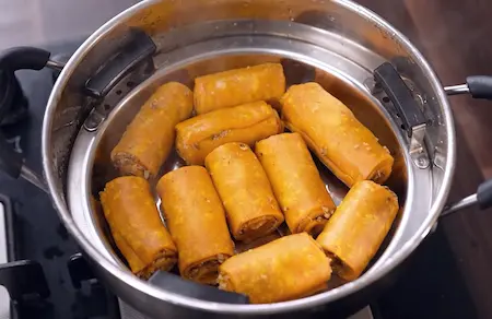 Step 4: steaming gatta rolls for Gatte Ki Sabji
