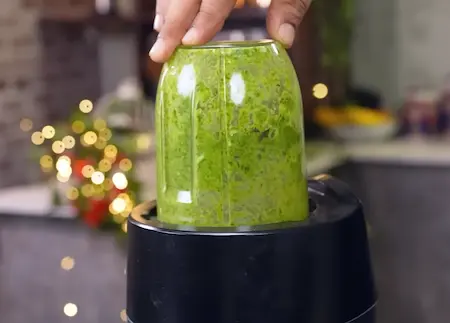 Making and adding fresh green masala paste for Punjabi Dum Aloo