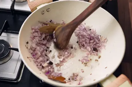 Step 3: sautéing onions for Soya Kheema Samosa Recipe